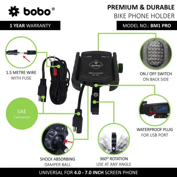 BOBO BM1 PRO Jaw-Grip (with fast USB 3.0 charger, SAE connector & Fast USB Cable) Mobile Mount