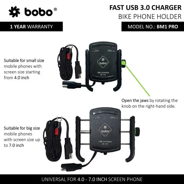 BOBO BM1 PRO Jaw-Grip (with fast USB 3.0 charger, SAE connector & Fast USB Cable) Mobile Mount